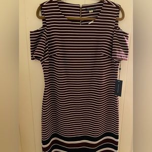 Tommy Hilfiger Burgundy  Red White Black Striped Cold Shoulder  Dress Size 14